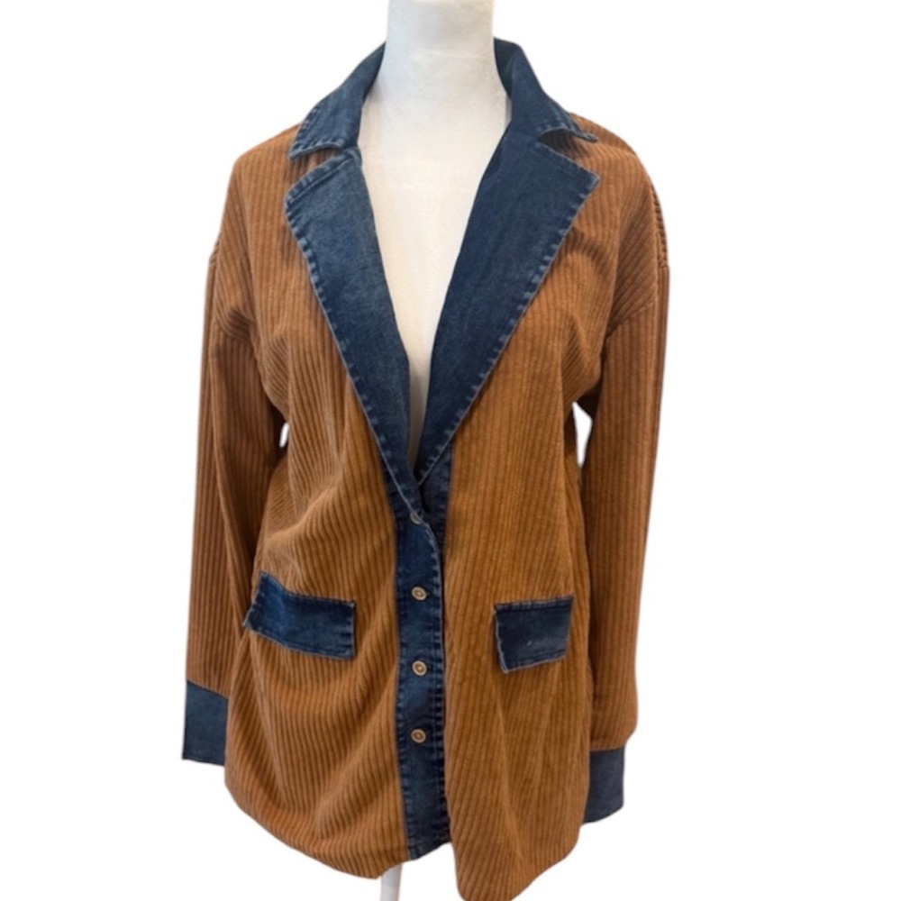 Brown Corduroy Oversized Blazer Jacket with Denim Trim Mixed Media Medium